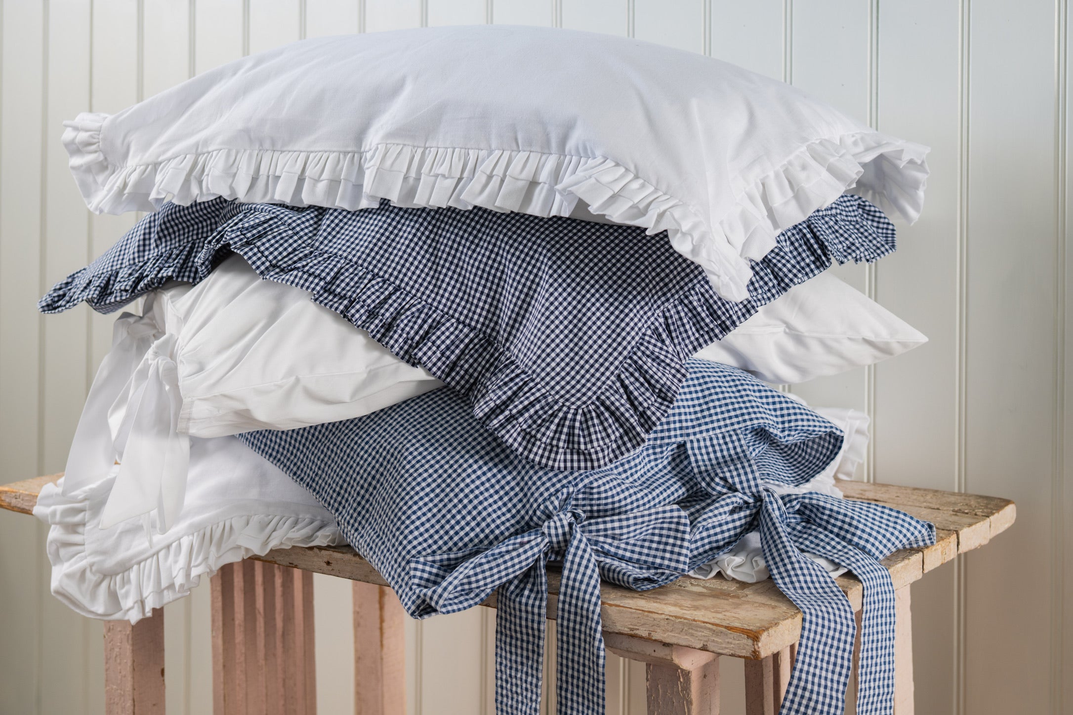 Double Ruffle Oxford Pillowcase Navy Gingham