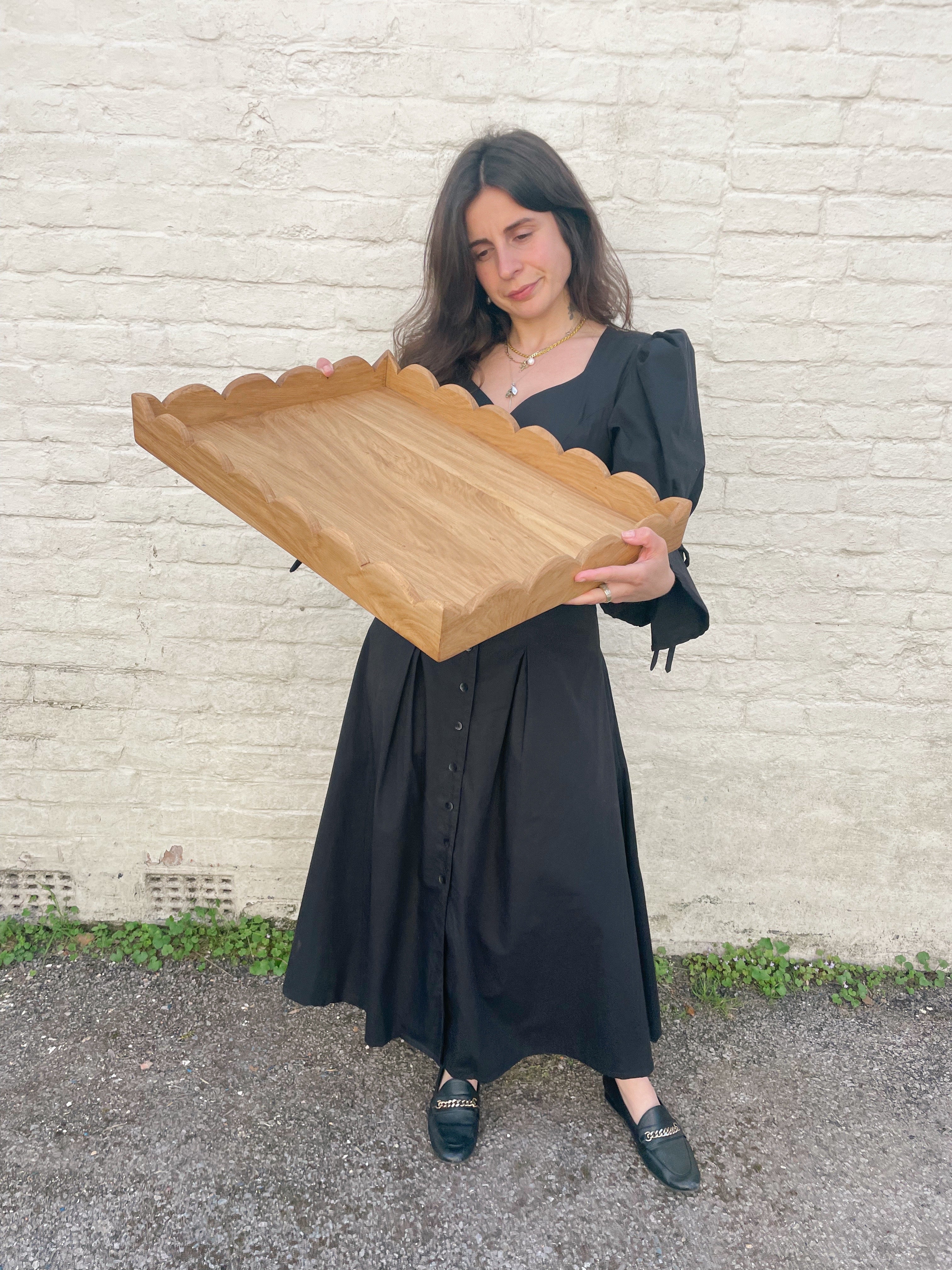 Scalloped Edge Ottoman Tray, Handmade in English Oak