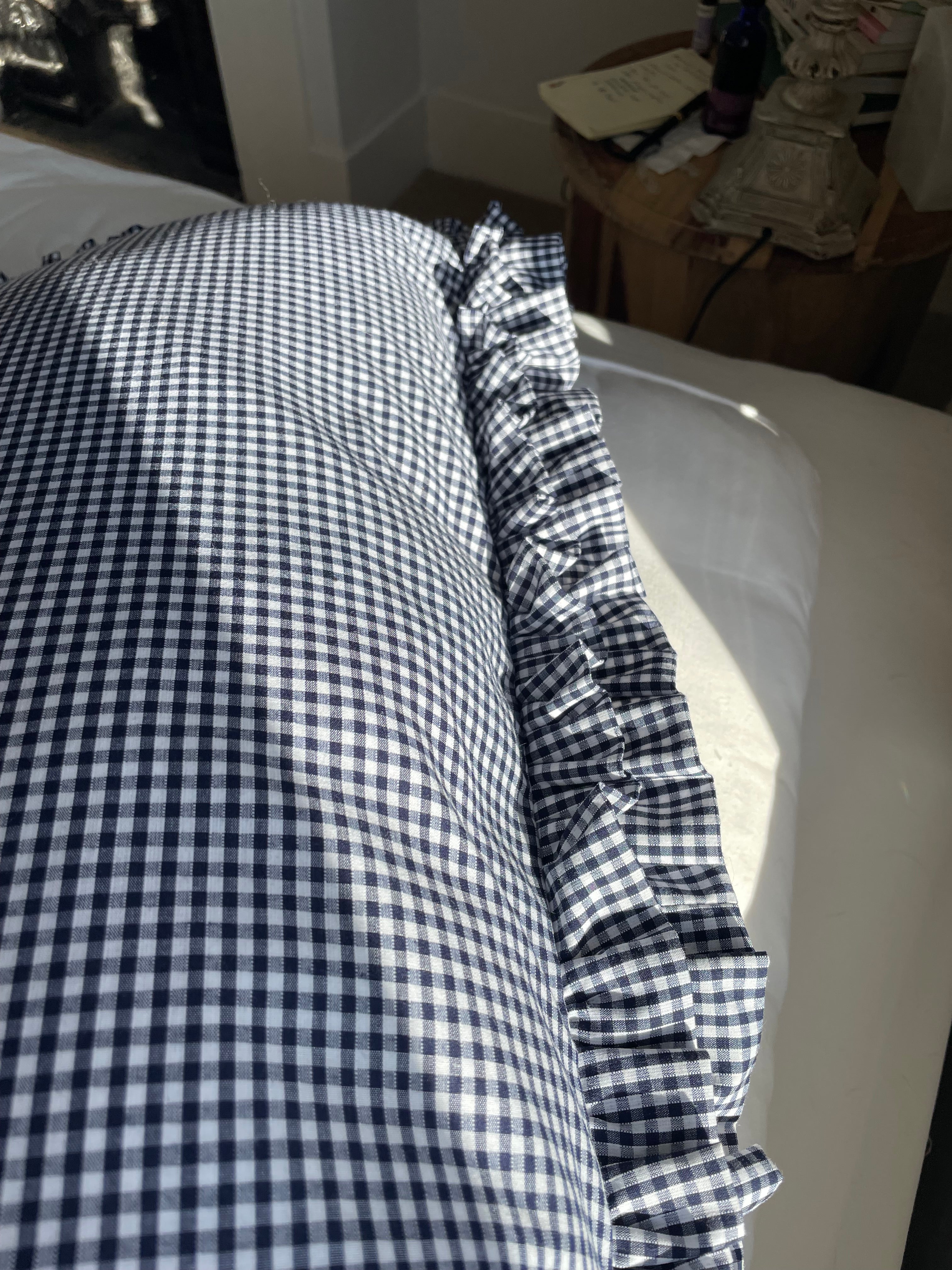 Double Ruffle Oxford Pillowcase Navy Gingham
