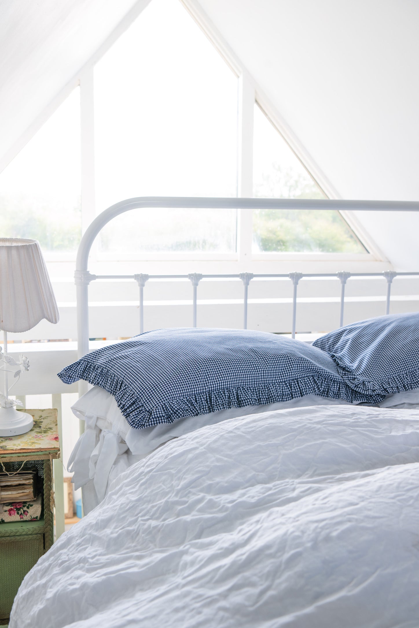 Double Ruffle Oxford Pillowcase Navy Gingham